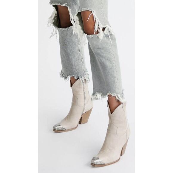 Free People Brayden Western Boot Leather Pewter Etch Tip Ivory Bone Parker 37 - Picture 1 of 12